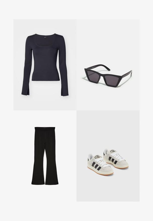 Bluză cu mâneci lungi, de culoare bleumarin închis, cu decolteu rotund, siluetă ajustată, fante laterale la tiv și țesătură netedă și elastică.; Leggings negre cu tiv evazat, realizate dintr-un material elastic. Au o talie largă și o textură fină, cu o siluetă ajustată care se lărgește la tiv.; Adidași din suede gri cu șireți albi, dungi negre și talpă din cauciuc alb. Prezintă un logo circular pe limbă și o talpă din cauciuc.; Ochelari de soare negri, unghiulari, cu lentile gri; fabricați din plastic, având brațe groase cu o suprafață netedă și fără hardware vizibil.