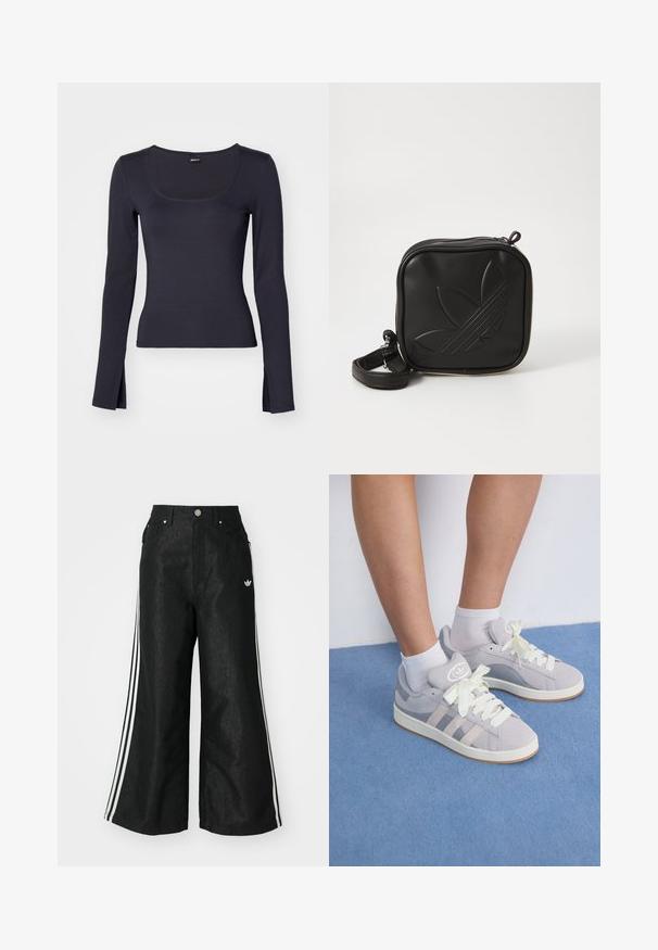Langärmliges Oberteil in Dunkelmarine, mit runder Ausschnittform, figurbetontem Schnitt, seitlichen Schlitzen am Saum und glattem, dehnbarem Stoff.; Schwarze, weit geschnittene Jeans mit drei weißen Streifen an jeder Seite und einem kleinen weißen Logo. Mit vorderen Taschen und einem Knopfverschluss.; Graue Wildleder-Sneaker mit weißen Schnürsenkeln und Gummisohle, die drei diagonale Streifen an der Seite und ein Logo-Patch auf der Zunge aufweisen.; Schwarze Umhängetasche aus strukturiertem synthetischem Material. Verfügt über ein eingeprägtes Logodesign und einen verstellbaren Riemen. Mit Reißverschluss geschlossen.