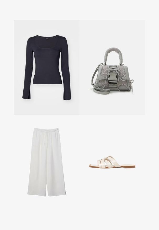Dlhý rukáv top v tmavom námorníckom odtieni, s výstrihom v tvare lode, priliehavým strihom, rozparkom na boku a jemnou, elastickou látkou.; Biele široké nohavice z ľahkého materiálu s elastickým pásom a šnúrkou na nastavenie veľkosti. Hladká textúra.; Ploché sandále s hnedou gumovou podrážkou, navrhnuté s tromi prekrývajúcimi sa bielymi koženými popruhmi a malou mašličkou uprostred.; Sivá textúrovaná kabelka s polstrovanou rukoväťou, sieťovými akcentmi, nastaviteľným remienkom a predným uzávierom. Kompaktný dizajn s guľatým tvarom.