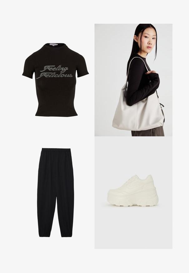 Svart kortärmad t-shirt med hög halsringning, prydd med strass-text som säger "Feeling Flicious" över framsidan. Mjuk material.; Svarta, lätta byxor med elastisk midja och samlade ankleder. Tyget är slätt och har en avslappnad, avsmalnande design.; Vita plattformssneakers med en slät läderliknande överdel, rundad form, vadderad krage och texturerad gummisula med definierade mönster.; Beige handväska tillverkad av mjukt material, med en avslappnad design, sydda detaljer och två axelremmar. Lämplig för dagligt bruk.