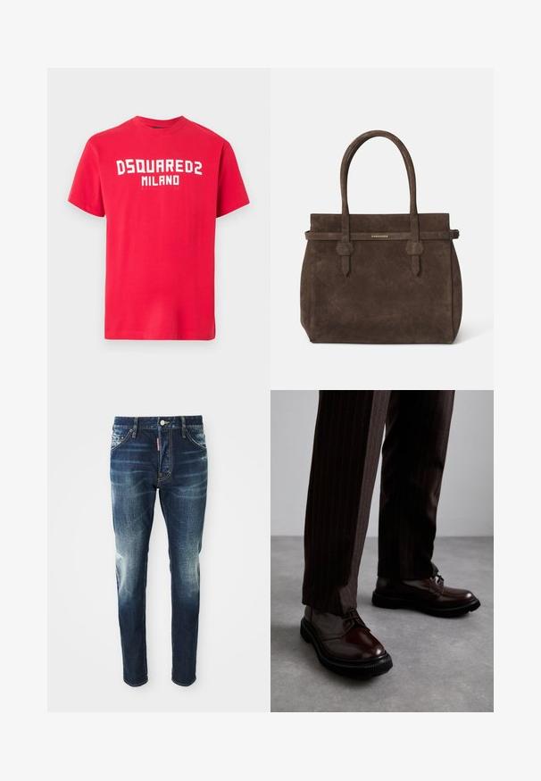 Red cotton T-shirt with short sleeves and a crew neck. Features bold white text "DSQUARED2 MILANO" across the front. Smooth texture.; Dark blue denim jeans with a slim fit, featuring faded areas on the thighs and knees, five pockets, and a metal button closure.; Brown leather lace-up shoes with a glossy finish, black rubber sole, and subtle stitching. Worn with pinstriped brown trousers.; Dark brown suede tote bag with dual handles and a horizontal strap featuring a small gold DSQUARED2 logo plaque.