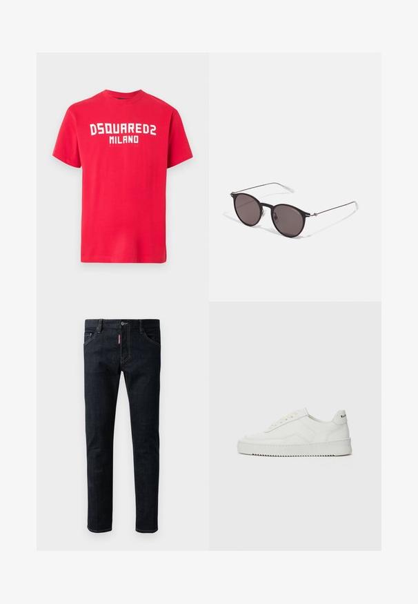 Punainen puuvillainen T-paita, jossa on lyhyet hihat ja pyöreä pääntie. Edessä rohkeat valkoiset tekstit "DSQUARED2 MILANO". Sileä pinta.; Tummansinisiä farkkuja, joissa on kapea leikkaus. Niissä on nappisuljenta, viisi taskua ja erottuvaa keltaista tikkausta saumoissa.; Valkoinen nahkakenkä, jossa on sileä pinta, pyöreä kärki, tasaiset nauhat ja teksturoitu pohja. Sisältää huomaamattoman logon kantapäässä.; Musta pyöreä aurinkolasit tummilla linsseillä ja kapeilla metallikehyksillä. Sisältää kirkkaat temppelet ja hopeiset yksityiskohdat saranassa. Minimalistinen muotoilu.