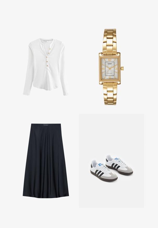 Maglietta henley a maniche lunghe bianca in materiale a coste, con colletto a V, cinque bottoni dorati sulla parte anteriore e orlo curvo.; Gonna nera al ginocchio realizzata in tessuto leggero con un design fluido. Presenta una texture morbida e pieghe sottili per un tocco di dettaglio in più.; Scarpe sportive con tomaia in pelle bianca, punta in suede grigia e tre strisce nere. Presentano un logo blu sulla linguetta e una suola in gomma testurizzata.; Orologio da polso rettangolare dorato con quadrante bianco, indicatori delle ore in tono argento e un robusto bracciale in metallo. Include la funzione di resistenza all'acqua.