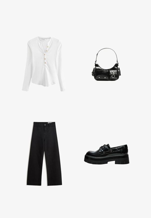 Weißes langärmliges Henley-Shirt aus geripptem Material, mit einem eingeschnittenen Kragen, fünf goldenen Knöpfen auf der Vorderseite und einem abgerundeten Saum.; Schwarze weit geschnittene Jeans mit hoher Taille, ausgestattet mit Vorder- und Hintertaschen, gesteppten Nähten und einem Knopfverschluss. Glatte Textur.; Schwarzer Lacklederschuh mit dickem Plateau, abgerundeter Spitze, Schnürdesign und silberfarbigen Ösen. Verfügt über eine strukturierte, profilierten Sohle.; Schwarze Lackleder-Handtasche mit geschwungenem Design, einem Schulterriemen, Vordertaschen und silberfarbenen Hardware-Akzenten.