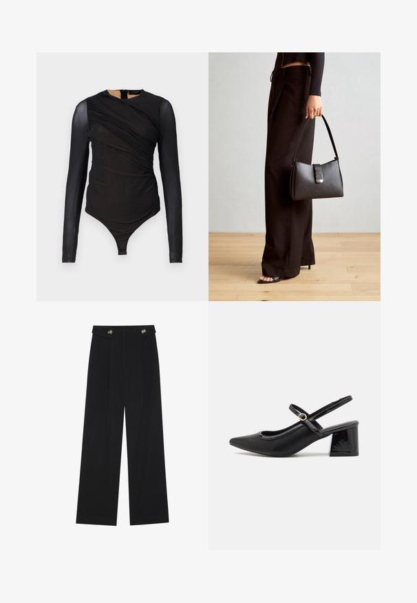 Melna, garām piedurknēm bodijs ar ručējuma detaļām, izgatavots no caurspīdīga auduma. Tam ir augsta apkakle un stringu apakša ar aizmugurējo rāvējslēdzēju.; Melnas platās bikses ar augstu jostasvietu, pogu detaļām uz jostas un priekšējām krokām.; Melns patentēts ādas sandales ar norādīta pirksta formu, noapaļotu izgriezuma dizainu un bloķētu papēdi. Iezīmēta ar zelta toņa sprādzi.; Melnā somiņa ar strukturētu formu, gludu tekstūru un metālu sprādzi. Saskaņota ar platām melnām biksēm un sandālēm ar atvērtu purngalu uz koka grīdas.