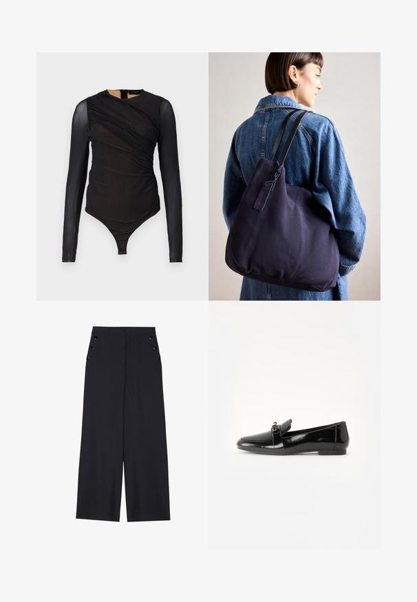 Melna, garām piedurknēm bodijs ar ručējuma detaļām, izgatavots no caurspīdīga auduma. Tam ir augsta apkakle un stringu apakša ar aizmugurējo rāvējslēdzēju.; Platīsara bikses tumši zilā audumā, kurām ir gluda tekstūra, priekšējie kroki un dekoratīvi zeltaini acs pie sānu kabatām.; Melns lakots ādas loafers ar plakanu zoli, apaļu purngalu un dekoratīvu jostu ar zelta toņa akcentu. Gluda, spīdīga apdare.; Jūras spēku kanvas plecu soma ar mīkstu, strukturēta formu, kas piedāvā melnu siksnu, izšūtu detaļu un nelielu zīmola birku.