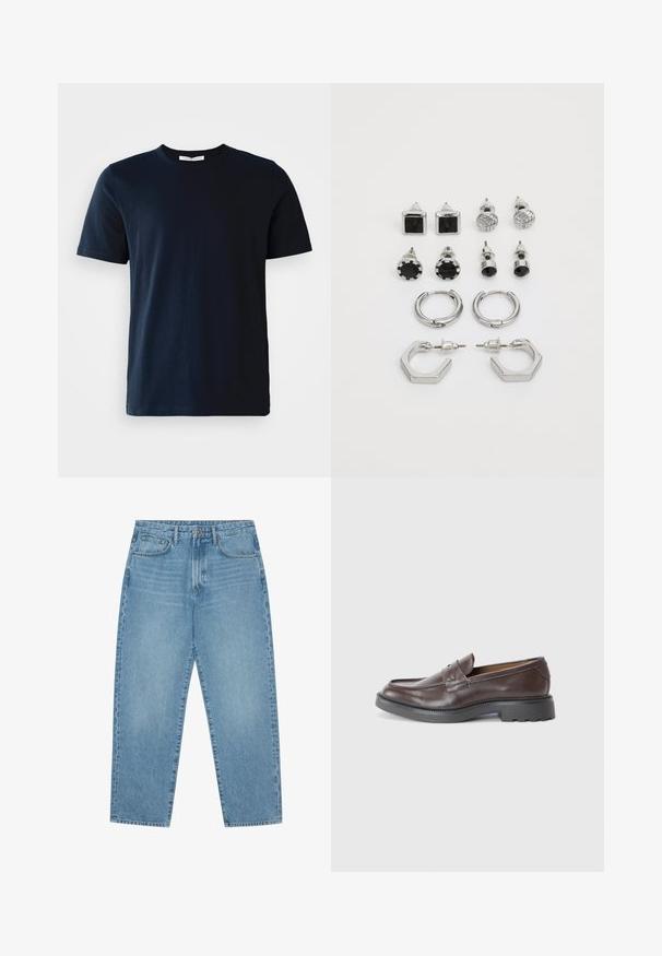 Temno modra majica s kratkimi rokavi, narejena iz bombaža, z okroglim izrezom in gladko teksturo brez vzorcev ali okraskov.; Bela srajca z dolgimi rokavi iz bombaža, ki ima klasičen ovratek, sprednji del z gumbi in gladko teksturo. Rdeči detajl notranjega ovratnika.; Svetlo modre kavbojke iz jeansa z ravnim krojem nogavic, obliko s petimi žepi in rahlo zbledelo teksturo. Imajo zapenjanje na gumb in zadrgo.; Rjavi usnjeni loafersi z gladko površino, okroglo konico, minimalnim šivom in debelim črnim gumijastim podplatom. Brez vidnih kovinskih delov ali naglasi.; Srebrn ton uho, ki vključuje dva para obročastih uhani in šest parov uhanskih kamenčkov v različnih oblikah in teksturah, vključno s črnimi poudarki.