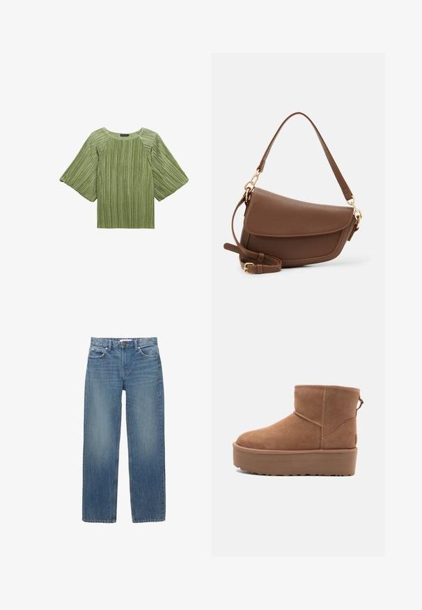 Vihreä pleatattu paita, jossa on leveät hihat, pyöreä pääntie ja sileä rakenne. Kankaassa on pystysuuntaisia raitoja ja väljä istuvuus.; Vaaleansiniset farkut suoran leikkauksen, viiden taskun ja kuparinväristen yksityiskohtien kanssa. Kankaassa on hieman haalistumista ja sileä pinta.; Tan suede nilonini kidogo chukua na sahani ya jukwaa, mguu wenye umbo la duara, na mapambo ya kushona; inajumuisha kipande cha kubana nyuma kwa kuvaa kwa urahisi.; Ruskea nahkainen olkalaukku, jossa on teksturoitu pinta, kaareva muoto, kultasävyinen metalliosat, säädettävä hihna ja läppäkiinnitys.