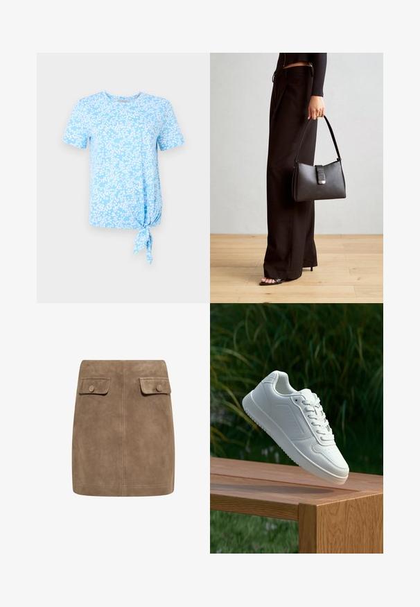 Svetlomodré tričko s krátkym rukávom s bielo kvetinovým vzorom a uzlom na ľavej strane na leme.; Hnedá semišová mini sukňa s hladkou textúrou, ktorá má dva predné vrecká s klopou a gombíkové zapínanie na každej strane. Jednoduchý, rovný dizajn.; Biele tenisky s hladkým syntetickým zvrškom, perforovanou špičkou, plochými šnúrkami a textúrovanou podrážkou, vystavené na drevenej ploche.; Čierna kabelka so štruktúrovaným tvarom, hladkou textúrou a kovovou sponou. V kombinácii so širokými čiernymi nohavicami a sandálmi s otvorenou špičkou na drevenej podlahe.