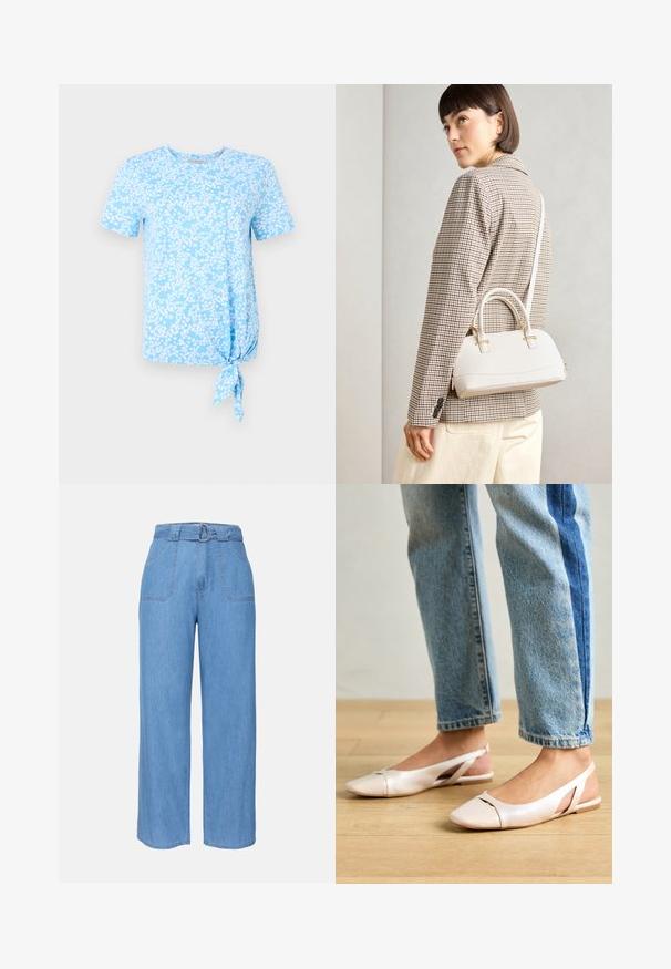 T-shirt azul claro de mangas curtas com um padrão floral em branco, apresentando um detalhe de nó no lado esquerdo da bainha.; Calças largas de ganga azul claro com cintura cingeada, dois bolsos frontais e uma textura lisa. Apresenta um design minimalista e linhas limpas.; Sapatilhas slingback de cor rosa pálido com bico fino, feitas de um material semelhante a couro liso. Apresentam detalhes recortados nas laterais e um salto plano.; Bolsa estruturada branca com alças curtas e uma alça de ombro, com detalhes em hardware dourado e material texturizado, exibida contra um fundo cinza.