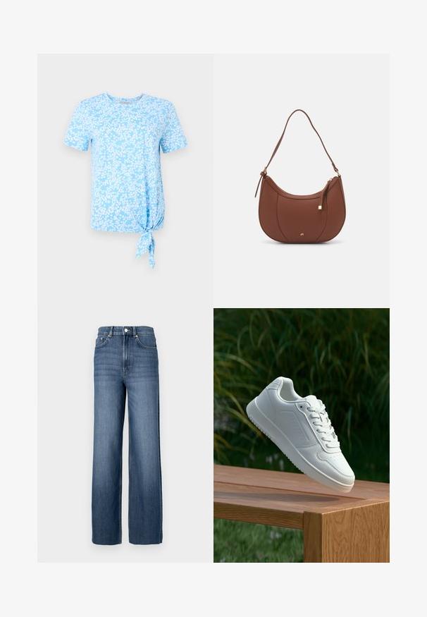Svetlomodré tričko s krátkym rukávom s bielo kvetinovým vzorom a uzlom na ľavej strane na leme.; Modré denimové džínsy s vysokým pásom a širokým strihom. Obsahujú klasický dizajn s piatimi vreckami a kovovými gombíkmi.; Biele tenisky s hladkým syntetickým zvrškom, perforovanou špičkou, plochými šnúrkami a textúrovanou podrážkou, vystavené na drevenej ploche.; Hnedá umelá kožená taška cez rameno s zakriveným tvarom, minimalistickým šitím a zlatými akcentami. Obsahuje zips na vrchu a nastaviteľný popruh.