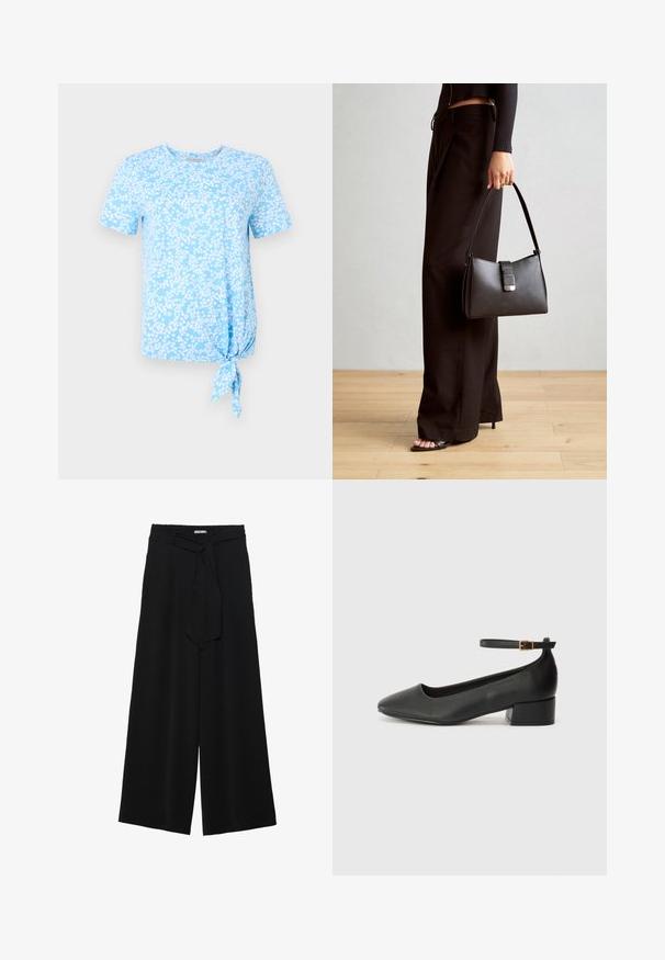 Gaiši zils īsām piedurknēm T krekls ar baltu ziedu rakstu, ar mezglu kreisajā pusē apakšmalā.; Melni platleņķa bikses ar teksturētu audumu, elastīgu jostu un noņemamu siksnu viduklī, kas nodrošina regulējamu piegulšanu.; Melnas ādas sūkņi ar smailu purngalu un zemu bloku papēdi. Iezīmēts ar potītes siksniņu ar zelta krāsas sprādzi. Gluda tekstūra.; Melnā somiņa ar strukturētu formu, gludu tekstūru un metālu sprādzi. Saskaņota ar platām melnām biksēm un sandālēm ar atvērtu purngalu uz koka grīdas.