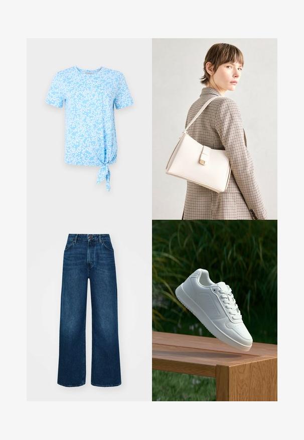 Svetlo modra majica s kratkimi rokavi z belim cvetličnim vzorcem ter vozlom na levem robu. ; Hlače z visokim pasom in širokimi nogavicami iz temno modrega denima z gladko teksturo, kontrastnim šivanjem in zasnovo s petimi žepi. Sprednje zapiranje na gumb.; Bela teniska s gladkim sintetičnim zgornjim delom, perforiranim prednjim delom, ravnimi vezalkami in teksturiranim podplatom, prikazana na leseni površini.; Bela usnjena torba s strukturirano zasnovo, opremljena z magnetnim zapiranjem in naramnico, prikazana na nevtralni ozadju.