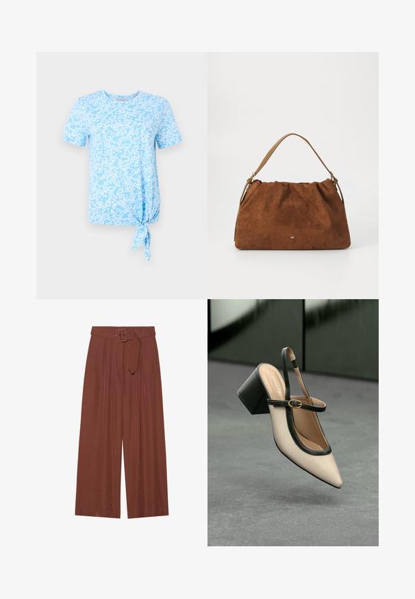 Hele sinine lühikeste varrukatega T-särk, millel on valge lillemuster ja vasakul küljes sõlm detail hemmi juures.; Küljed on laiad pruunidest kangast püksid, millel on ruudukujuline pandla ja pleeditud disain, samuti sile tekstuur.; Beežid kõrgkontsaga slingback-king, millel on terav nina, must ääris ja pandla detail. Sile materjal mattlõpuga, keskmise suurusega plokktald.; Pruun nubukist käekott, millel on kokku tõmmatud disain, ühesaanvärvilise naha rihmaga ja esiküljel peen kuldne logo detail.