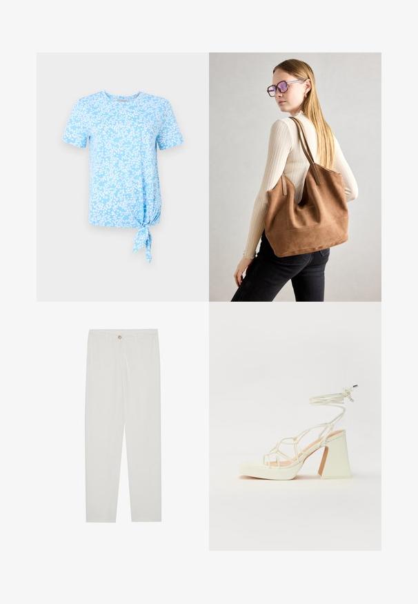 Camiseta de manga corta azul claro con un patrón floral en blanco, con un detalle de nudo en el lado izquierdo del dobladillo.; Pantalones blancos, ajustados, con un diseño de pierna recta, que cuentan con un cierre de botón, lazos para cinturón y bolsillos laterales; textura de tela suave.; Sandalia de tacón alto blanca con un tacón grueso, que presenta un diseño de tiras y un lazo en el tobillo. Textura suave con una plataforma en la parte delantera para mayor altura.; Bolso de tote de ante marrón con textura suave, gran abertura y asas largas. Presenta un diseño sencillo con costuras visibles y sin herrajes.