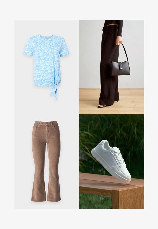 Light blue short-sleeve t-shirt featuring a floral pattern in white, with a knot detail on the left side at the hem.; Brown corduroy flared pants with a ribbed texture, featuring a high waist, five pockets, and a front button closure.; White sneaker with a smooth synthetic upper, perforated toe box, flat laces, and a textured sole, displayed on a wooden surface.; Black handbag with structured shape, smooth texture, and a metallic clasp. Paired with wide black pants and open-toe sandals on wooden floor.
