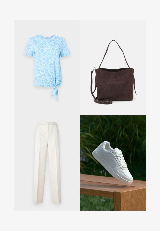 Světle modré tričko s krátkým rukávem s květinovým vzorem v bílé barvě, se uzlem na levé straně u spodního lemu.; Krémové kalhoty s přiléhavým střihem, rovné nohavice, hladká tkanina, přední sklady a čistý lem. Minimalistický design.; Bílé tenisky s hladkým syntetickým svrškem, perforovanou špičkou, plochými tkaničkami a texturovanou podrážkou, vystavené na dřevěném povrchu.; Hnědá semišová taška přes rameno s jemnou texturou, vybavená jedním popruhem na rameno a decentním zakřiveným horním otvorem. Žádné viditelné detaily z hardware.