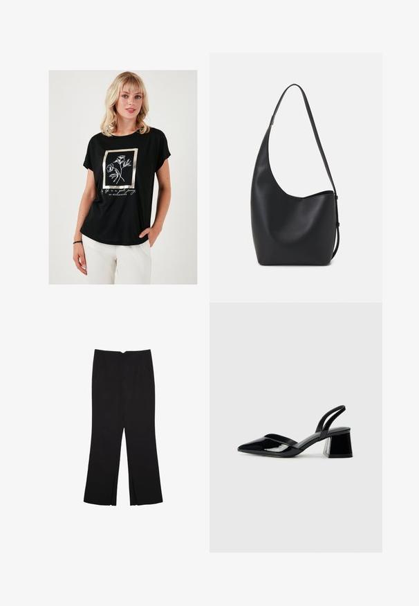 Črna majica s kratkimi rokavi z metalno zlatim okvirjem cvetličnega vzorca in belim besedilom. Narejena iz gladkega, lahkega materiala.; Črne hlače ravnega kroja z naglavnimi žepi in stranskimi razporki na robu. Narejene iz mehke, gladke tkanine. Primerne za različne priložnosti.; Črne lakirane slingback pete s koničastim nosom in geometrijsko blokasto peto. Imajo eleganten, minimalističen dizajn in gladko teksturo.; Črna usnjena hobo torba z gladko teksturo, ukrivljeno obliko in eno nastavljivo naramnico; ima širok odprtina na vrhu.