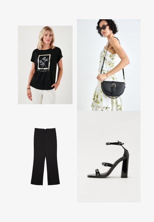 Sort t-shirt med korte ærmer, der har et metallisk guldrammet blomstermotiv og hvid tekst. Fremstillet af et glat, let materiale.; Sorte bukser med lige pasform, der har frontlommer og slidser i kanten. Lavet af blødt, glat stof. Velegnet til forskellige anledninger.; Sorte laklædersandaler med høje hæle, to spænderemme, firkantet tå og en kraftig blokhæl, der har en glat, blank overflade.; Sort læderhåndtaske med en buet form, aftagelig rem og guldfinish. Tasken har en klap med en spænde detalje.