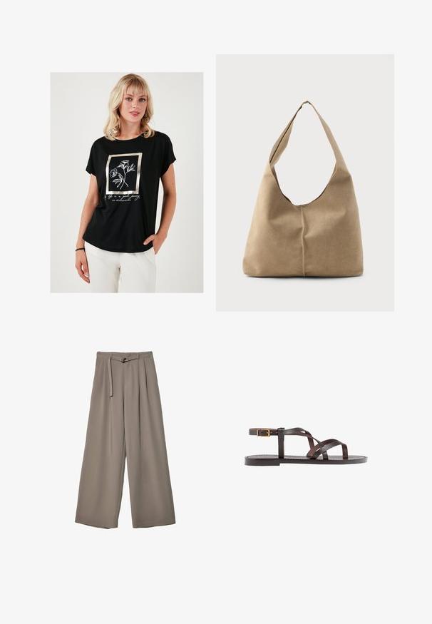 Sort t-shirt med korte ærmer, der har et metallisk guldrammet blomstermotiv og hvid tekst. Fremstillet af et glat, let materiale.; Vide ben bukser i et blødt, afdæmpet grå stof, med en bælte i taljen og plisseringer for ekstra designdetalje. Glat tekstur, ingen mønstre.; Brune lædersandal med krydsende stropper, ankelspænde og en flad sål med minimale syninger.; Hobo taske i blød beige ruskind med en afslappet form, bred skulderrem og håndsyet sømdetalje langs fronten.