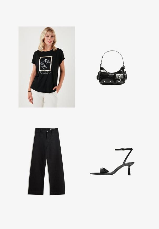 Sort t-shirt med korte ærmer, der har et metallisk guldrammet blomstermotiv og hvid tekst. Fremstillet af et glat, let materiale.; Sorte wide-leg denim bukser med høj talje, der har front- og baglommer, syede sømme og en knaplukning. Glat tekstur.; Bershka Højhælede sandaletter / Højhælede sandaler - black; Sort patenteret læder håndtaske med en buet form, en skulderrem, frontlommer og hardware accenter i sølvfarve.