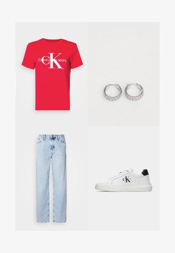 Červené bavlněné tričko s velkým bílým logem "CK" na přední straně, pod kterým je text "Calvin Klein Jeans" v moderním písmu. Krátké rukávy.; Světle modré široké džíny z denimu, s vysokým pasem, výrazně vybledlým odstínem a decentním vzorem tie-dye na přední straně.; Bílé nízké tenisky s černým patním tabem, platformovou podrážkou, tkaničkami a logem Calvin Klein "CK" na boku.; Stříbrné kruhové náušnice s texturovaným designem a vertikálními drážkami. Kulatý tvar s pevným uzávěrem. Hladký povrch.