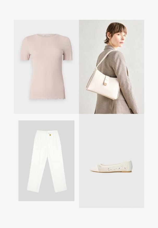 Light pink ribbed short-sleeve t-shirt with a round neckline and scalloped hem. Made from a soft, stretchy material for comfort.; White, wide-leg trousers made of smooth fabric. Features a single yellow button closure and pleated front design. No visible pockets.; Pointed-toe flat in cream leather with transparent upper featuring scattered rhinestones. Soft sole for comfort, minimalistic design.; White leather handbag with a structured design, featuring a magnetic clasp and a shoulder strap, showcased against a neutral background.