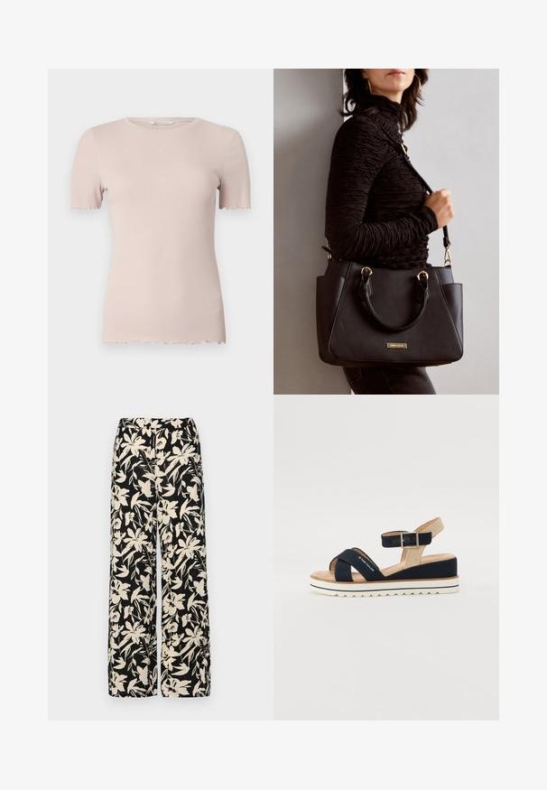 Tricou scurt cu mânecă scurtă de culoare roz deschis, cu guler rotund și margine zimțată. Fabricat dintr-un material moale și elastic pentru confort.; Pantaloni negri cu croi larg, decorati cu un model floral crem. Fabricati dintr-un material usor, avand o textura neteda si un talie inalta.; Sandală bleumarină cu două curele din material textil, curea ajustabilă pentru gleznă și spate texturat bej. Talpă groasă, albă, cu margine zimțată. Marcă imprimată pe curea.; Geantă de umăr neagră cu suprafață texturată, cu două mânere superioare și curea de umăr ajustabilă. Dispune de accesorii metalice de culoare aurie și buzunare laterale.