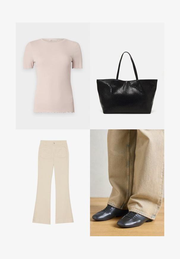 Világos rózsaszín, bordázott, rövid ujjú póló kerek nyakkivágással és fodros aljjal. Puha, rugalmas anyagból készült a kényelem érdekében.; Beige bő szabású nadrág, magas derékkal, pamut anyagból készült. Elöl és hátul zsebek, övakasztók és egy ezüstgomb található rajta.; Fekete bőr cipők sima textúrával, alacsony profillal és fűzős részletekkel, laza, világos bézs farmernadrággal párosítva.; Fekete szövött bevásárlótáska két strapabíró füllel, fényes felülettel és tágas, nyitott tetejű kialakítással.