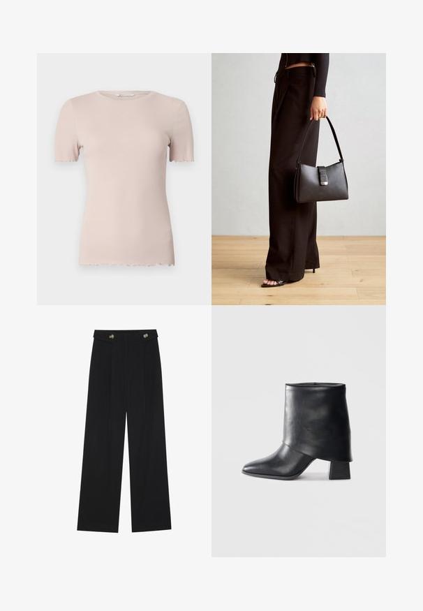 Világos rózsaszín, bordázott, rövid ujjú póló kerek nyakkivágással és fodros aljjal. Puha, rugalmas anyagból készült a kényelem érdekében.; Fekete, bő szárú nadrág magas derékkal, gombos részletekkel a derékrészen és elülső pliszékkal.; Fekete bőr bokacsizma, hegyes orral, sima felülettel és strukturált blokk sarokkal. Magas, hajtott szegéllyel rendelkezik.; Fekete kézi táska strukturált formával, sima textúrával és fémből készült záródással. Széles fekete nadrággal és nyitott orrú szandállal párosítva, fából készült padlón.