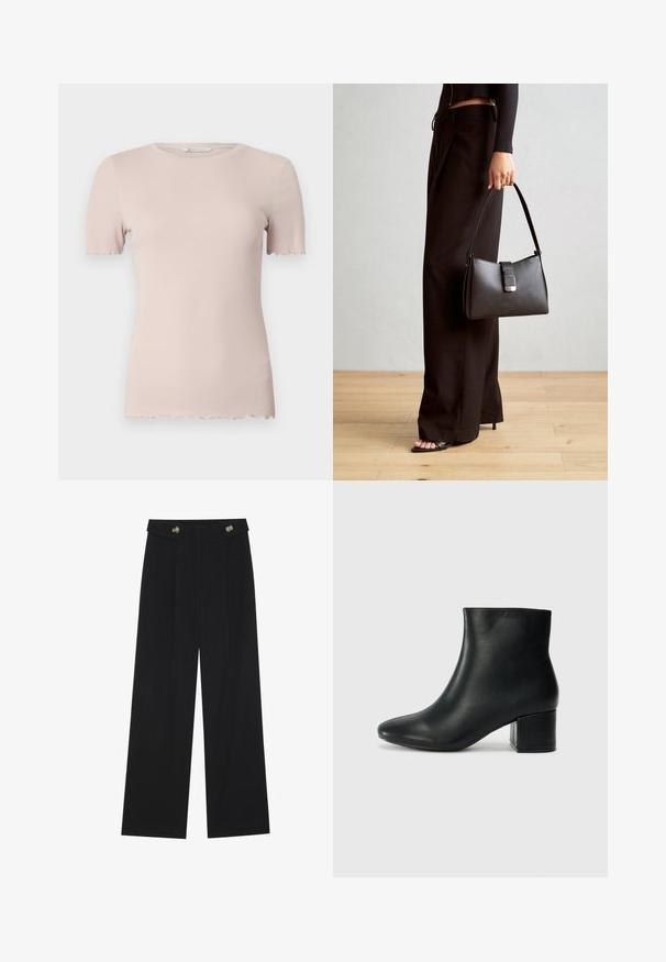 Világos rózsaszín, bordázott, rövid ujjú póló kerek nyakkivágással és fodros aljjal. Puha, rugalmas anyagból készült a kényelem érdekében.; Fekete, bő szárú nadrág magas derékkal, gombos részletekkel a derékrészen és elülső pliszékkal.; Fekete bőr bokacsizma hegyes orral és vastag sarokkal. Sima felület minimális díszítéssel és karcsú, passzos kialakítással.; Fekete kézi táska strukturált formával, sima textúrával és fémből készült záródással. Széles fekete nadrággal és nyitott orrú szandállal párosítva, fából készült padlón.