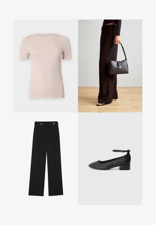 Light pink ribbed short-sleeve t-shirt with a round neckline and scalloped hem. Made from a soft, stretchy material for comfort.; Black wide-leg trousers with high waist, button details on waistband, and front pleats.; Black leather pump with a pointed toe and a low block heel. Features an ankle strap with a gold-tone buckle. Smooth texture.; Black handbag with structured shape, smooth texture, and a metallic clasp. Paired with wide black pants and open-toe sandals on wooden floor.