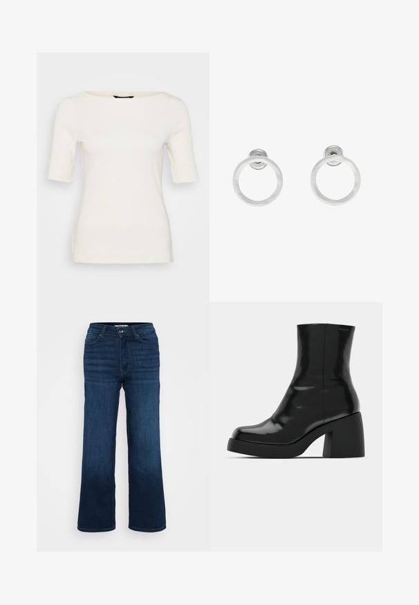 Camiseta blanca ajustada con escote barco y mangas de longitud media que están enrolladas en los puños, hecha de una tela suave.; ONLY Petite ONLMADISON BLUSH WIDE - Pernera ancha - dark blue denim; Botas de tobillo negras con un acabado brillante, punta cuadrada y un tacón grueso en bloque. El diseño presenta una silueta sin costuras y un minimalismo en la marca.; Pendientes de aro de metal plateado con una textura cepillada, que presentan un diseño circular y un respaldo transparente para un uso seguro.