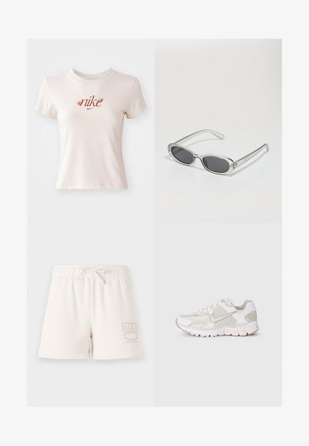 T-shirt bege de manga curta feito de algodão, com um logótipo "nike" vermelho com acentos florais e um decote arredondado.; Calções de algodão bege claro com um cós elástico, cordão ajustável e o logótipo "NIKE SPORTSWEAR" impresso em castanho claro de um lado.; Sapatilha atlética branca com materiais em malha e sintéticos. Apresenta um design texturizado, colarinho almofadado e acentos geométricos no calcanhar.; Óculos de sol com formato oval, armação de plástico transparente, lentes cinza-escuro e hastes finas transparentes com detalhes do logótipo e um design minimalista.