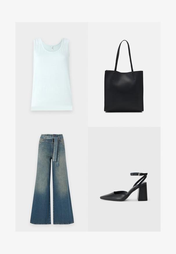 Light blue tank top with a scoop neckline, featuring lace accents on shoulders, made from a soft, smooth fabric. Simple, sleeveless design.; Wide-leg denim trousers featuring a light to dark blue gradient, high waist, belt loops, and a matching fabric belt. Textured denim finish.; Black leather pointy-toe pump with an ankle strap and a chunky heel. Flat texture, sleek design, and minimalistic aesthetics.; Black leather tote bag with smooth texture, rectangular shape, and two long handles. No visible hardware or embellishments.