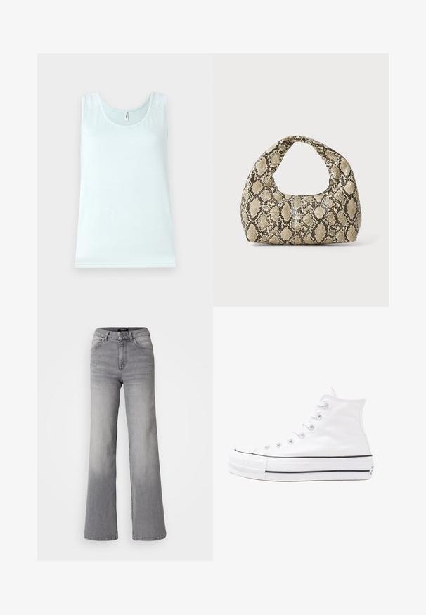 Világoskék ujjatlan felső, mély dekoltázzsal, csipke részletekkel a vállakon, puha, sima anyagból készült. Egyszerű, ujjatlan fazon.; Magasan derekú, egyenes szárú, szürke farmernadrág, elől gombbal és cipzárral, elülső és hátsó zsebekkel, valamint elhalványodott árnyékolással a combokon és a vádlikon.; Fehér magaskorsó vászon sportcipő fekete gumi talppal, elülső gumi orrnyereggel és hat fűzőlyukkal, letisztult, minimalista dizájnnal.; Kígyómintás kézitáska ívelt fogantyúval. Texturált, bézs és barna anyagból készült, jellegzetes gyémántmintával.