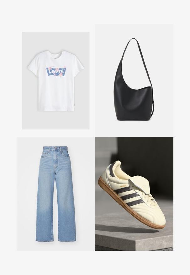 White cotton t-shirt featuring a blue Levi's logo with floral accents. Short sleeves and a crew neckline create a casual fit.; Light blue high-waist wide-leg jeans with front button and zip closure, front and back pockets, on a white background.; Cream leather sneaker with three dark stripes, a brown gum outsole, and a rounded toe. Features a foldable tongue labeled "SAMBA."; Black leather hobo bag with a smooth texture, curved shape, and single adjustable strap; features a wide opening at the top.