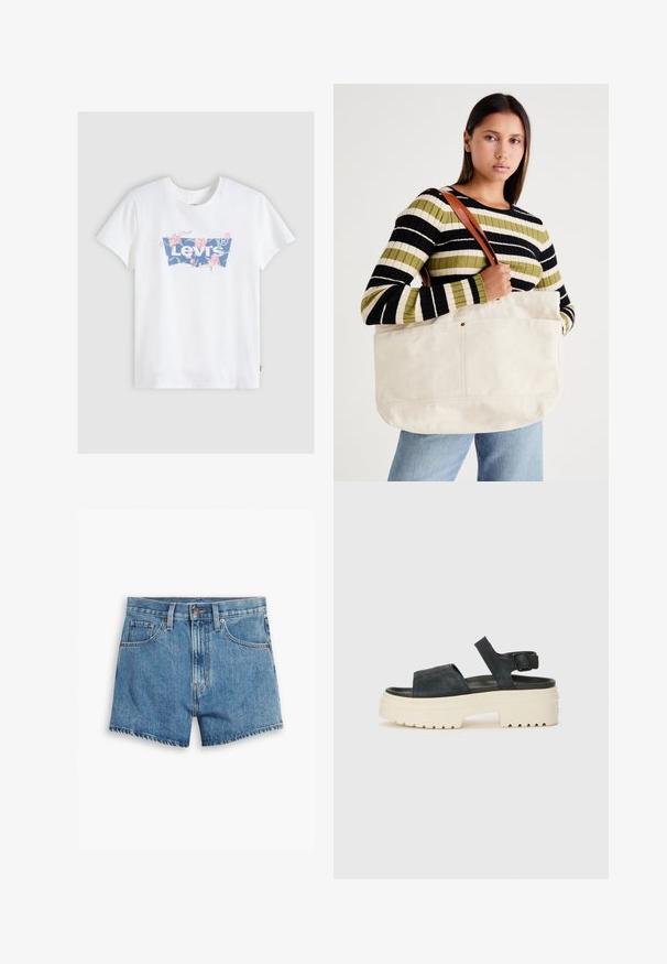 Balts kokvilnas T-krekls ar zilu Levi's logo un puķu dekorācijām. Īsas piedurknes un apaļa kakla izgriezums nodrošina ikdienišķu piegriezumu.; Gaiši zili džinsu šorti, kas aprīkoti ar piecām kabatām, rāvējslēdzēja aizdari un pogu aizdari. Apakšmala ir saplēsta, un izskats ir brīvs.; Melnas zamšādas platformas sandales ar masīvu baltu zoli, plašu priekšējo siksnu un regulējamu potītes sprādzi. Rievojuma zole labākai saķerei.; Liels bežs kanvas iepirkumu maisiņš ar brūnu ādas siksnām, kas piedāvā minimālistisku dizainu un redzamās šuves akcentus.