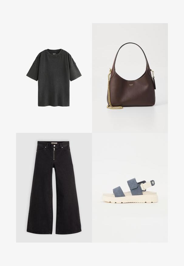 T-shirt nera oversize in cotone. Presenta un collo rotondo e maniche corte con bordi grezzi, mostrando una texture morbida e usurata.; Jeans a gamba larga in denim nero con chiusura a zip, design a cinque tasche e dettagli di cucitura sottili. Texture morbida e stile casual.; Sandalo blu scamosciato con due strap e dorso regolabile. Suola in gomma spessa color crema con dettagli testurizzati e logo.; COACH BROOKLYN SHOULDER BAG 23 - Borsa a mano - maple