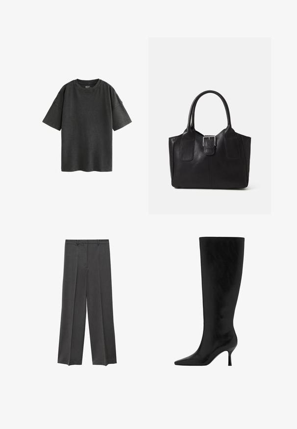 Zwarte oversized T-shirt van katoen. Kenmerkt zich door een ronde halslijn en korte mouwen met rafelranden, en toont een zachte, versleten textuur.; Grijze wijde broek met een gladde textuur, geplooide voorkant en ceintuurlussen. Gemaakt van een lichtgewicht, geweven stof.; Zwarte leren hoge laars tot de knie met een spitse neus en stiletto hak. Glad textuur met een slank ontwerp, zonder zichtbare hardware of versieringen.; Zwarte leren tote bag met een gladde textuur, gestructureerde vorm, twee handvatten en een opvallend zilveren sluitingdetail aan de voorkant.