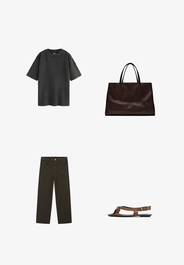 Sort oversized T-shirt lavet af bomuld. Har en rund halsudskæring og korte ærmer med rå kanter, der viser en blød, slidt tekstur.; Mørkegrønne brede jeans lavet af en bomuldsblanding, med en frontlukning med knap, fem lommer og klassisk denim-syning.; Brune lædersandal med åben tå og udskæringer på siden. Har en ankelrem med en metalspænde og en flad sål.; Massimo Dutti Håndtasker - brown