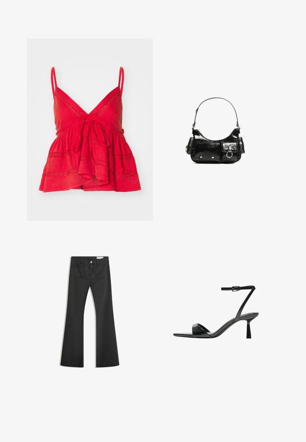 Piros pamut ujjatlan felső V nyakkal, állítható pántokkal, ráncolt derékkal és texturált csipke díszítéssel a felsőrészen és az alsó szegélyen.; Fekete, sima textúrájú farmer flare nadrág, két hátsó zsebbel és gombos derékkal.; Bershka Magas sarkú szandálok - black; Fekete lakkbőr kézitáska ívelt formával, egy vállpánttal, elülső zsebekkel és ezüstszínű fémrészletekkel.