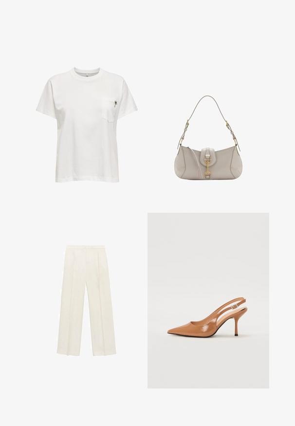 Biela bavlnená tričká s kruhovým výstrihom, krátkymi rukávmi a vreckom na ľavej hrudi, na ktorom je malé zelené vyšívané detail palma.; Široké nohavice vo svetlej krémovej farbe. Vyrobené z hladkej látky s skladmi vpredu a bočnými vreckami.; Sandal s úzkym podpätkom a špicatou špičkou v hladkej lesklej hnedej materiáli. Obsahuje zakrivený výrez a štíhly ihlový podpätok. Strieborný prackový detail.; Svetlo šedá kožená kabelka s zakriveným tvarom, zlatými kovovými prvkami, predným zapínaním a prešitými detailmi. Súčasťou je nastaviteľný ramenný popruh.