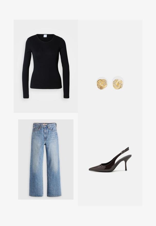 Svart långärmad skjorta i blandad bomullstyg, med rund halsringning och figurnära snitt utan synliga mönster eller tryck.; Ljusblå denim vidbyxor med hög midja, blekta områden, fem fickor och kontrasterande sömmar. Klassisk knapp- och dragkedjestängning.; Högklackad slingback-sko i blankt mörkbrunt lackläder, spetsig tå, öppna sidor och justerbart ankelsnöre.; Gul snurrade örhängen med genomskinlig bakgrund, med texturerade guldaccenter och små klara ädelstenar imbäddade i designen.