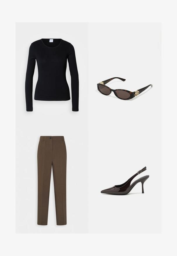 Black long-sleeve shirt made of cotton blend fabric, featuring a round neckline and fitted design with no visible patterns or graphics.; Straight-leg brown trousers with belt loops and a single front button closure, displayed on a white background.; Slingback high-heeled shoe in glossy dark brown patent leather, pointed toe, open sides, and adjustable ankle strap.; Tortoiseshell sunglasses with elongated oval lenses, brown tint, gold logo accents on temples, and sleek black arms.; Maroon handbag with a curved silhouette and a short strap, featuring a gold zipper and a subtle Calvin Klein logo on the front.