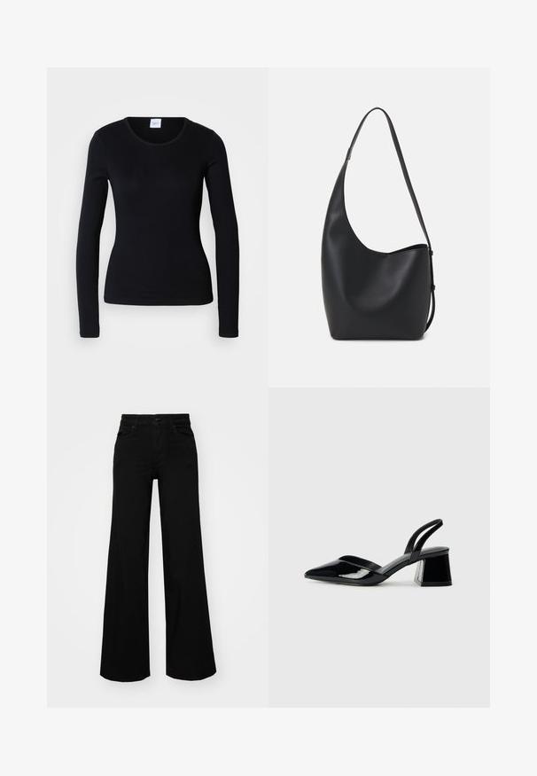 Camisa preta de mangas longas feita de tecido misto de algodão, apresentando um decote redondo e um design ajustado, sem padrões ou gráficos visíveis.; Calças largas pretas em denim, com uma cintura estruturada, passantes para cinto e bolsos frontais. Textura suave com um design clássico.; Sandy em verniz preto com salto slingback, ponta afilada e salto geométrico. Apresenta um design elegante e minimalista com textura suave.; Saco hobo preto em pele com uma textura lisa, forma curva e uma única alça ajustável; apresenta uma abertura larga na parte de cima.