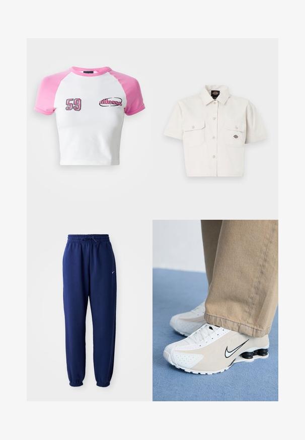 Skrajšana majica s belo osnovno barvo in rožnatimi raglan rokavi. Ima vezeno številko "59" in logo "ellesse" v kontrastni črni in rožnati barvi.; Bela kratka majica s kratkimi rokavi iz bombaža, s dvema žepoma na prsih, gumbom na sprednji strani in logotipom na levem žepu.; Temno modri trenirka hlače iz mehkega blaga, z elastičnim pasom in vrvico, elastičnimi manšeti ter majhnim belim logotipom.; Bele in bež Nike superge s perforiranim dizajnom, črnim swoosh logotipom, teksturiranim zgornjim delom in značilnim pomičnim črnim petnikom.