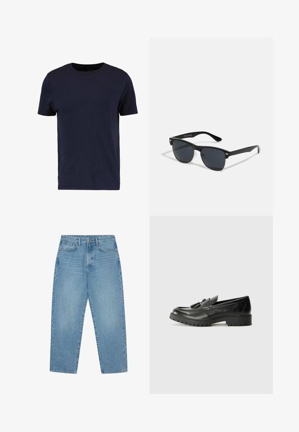 Pier One Lihtne T-särk - dark blue; Hele sinised teksapüksid sirge säärega, viie taskuga disain ja kergelt tuhmunud tekstuuriga. Varustatud nupuga ja luku sulgemisega.; Mustade nahast loafers, millel on ümar varvas, silmapaistvad õmblused ja tekstureeritud kummitald. Omab dekoratiivset riistvara peal. ; Mustad mustmikrooni kujuga mustad prillid, tumedate klaasidega, hõbedased detailid templite juures ja mati viimistlusega raam.