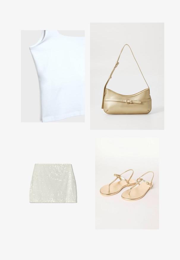 Weißes Baumwoll-Tanktop mit Rundhalsausschnitt, kurzen Armlöchern und gerader Saumlinie. Der Stoff erscheint glatt und leicht elastisch.; Bershka A-Linien-Rock - white; Friends Like These REGULAR FIT - TOE THONG FIT - Zehentrenner - gold; Metallic gold Schultertasche mit geschwungener Form, glatter Textur, einem flachen Riemen und einem dekorativen Schnallendetail auf der Vorderseite.; Goldfarbene Armspange mit glatter Außenseite und strukturierter Innenseite. Sie verfügt über ein breites, rundes Design mit einer offenen Aussparung auf einer Seite.