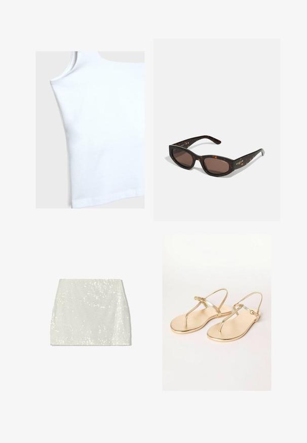 Canottiera bianca in cotone con scollo a giro, aperture delle braccia corte e orlo dritto. Il tessuto appare liscio e leggermente elasticizzato.; Bershka Gonna a campana - white; Friends Like These REGULAR FIT - TOE THONG FIT - Infradito - gold; Occhiali da sole tartarugati marroni con forma rettangolare, lenti marroni scure e brandizzazione "vogue" in oro sulle aste.; Borsa a spalla in metallo dorato con forma curvata, texture liscia, tracolla piatta e dettaglio decorativo con fibbia sul davanti.